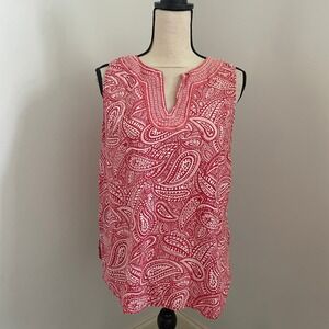 Linen Blend Embroidered Blouse sz XL Red White Paisley Yoke Neck Top Boho Resort